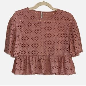 Stradivarius Eyelet Cottagecore Top with Raw Peplum Hem in Pink Size S
